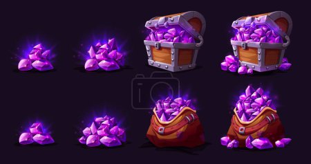 Spielsymbole mit Schatztruhe und Tasche mit Amethyst-Kristallen. Glänzend violette Edelsteine stapeln sich in unterschiedlicher Größe. Edelsteinhaufen in Holzkiste und Sack, Vektor-Cartoon-Illustration