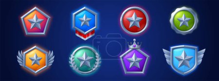 Illustration for Game level icons, silver medals, stars, ui badges with wings, laurel and crown. Isolated award trophy for user experience and ranking. Bonus, reward, achievement and prize vector illustration, set - Royalty Free Image