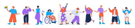 Illustration for Diverse people with disabilities, lgbt persons, multiracial group. Girl in wheelchair, man with prosthesis, blind man, people with rainbow flag isolated on white background, vector flat illustration - Royalty Free Image