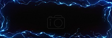 Illustration for Lightning frame, thunder bolt effect background with blue electric strikes. Rectangular border with thunderbolt impact, crack, magical energy flash. electrical discharge, Realistic 3d vector bolts set - Royalty Free Image