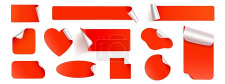 Décollez les autocollants rouges, maquettes des plaques de papier d'aluminium. Étiquettes vierges de forme coeur, ronde, carrée, ovale, rayée et rectangulaire. Emblèmes avec bords courbes isolés sur fond blanc, Ensemble de vecteurs 3D réalistes