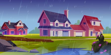 Illustration for Rainy weather in countryside. Cartoon vector illustration of cottage houses in small village or suburb town with green landscape, water puddle, stones, broken tree and blooming bush under dull sky - Royalty Free Image