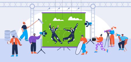 Illustration for Film crew shoot movie with actors playing role at chroma key screen and staff with professional equipment, video camera, light, clapper and microphone shooting episode Linear flat vector illustration - Royalty Free Image