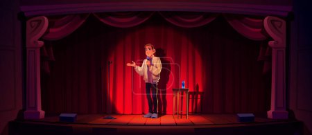 Illustration for Comedy show, stand up, open mic comedian on stage. Spotlighted comic man with microphone joking at standup amusement club scene. Humorous entertainment night concert, Cartoon vector illustration - Royalty Free Image