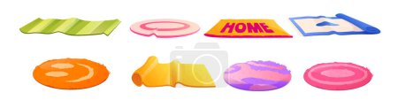 Cartoon set of colorful carpets isolated on white background. Vector illustration of rectangular, round and rolled rugs with striped, monochrome, abstract pattern. Home interior design elements