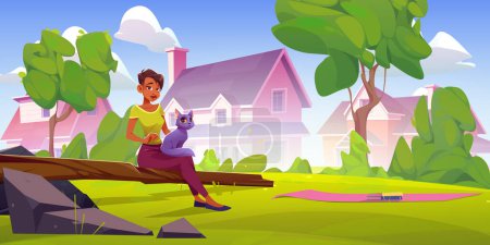 Illustration for Biracial woman sitting outdoors with cat on laps. Vector cartoon illustration of female character and pet animal having rest in backyard near countryside cottage house, blanket on grass. Summer relax - Royalty Free Image
