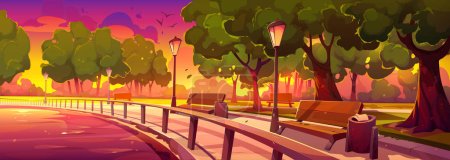 Illustration for Morning riverside park lane with benches, light posts, green trees growing along river under fantastic colorful sky. Cartoon vector illustration of beautiful golden hour in public garden at dawn - Royalty Free Image