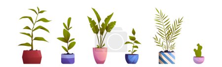 Cartoon set of potted flowers, trees isolated on white background. Vector illustration of green house plants for home interior decoration. Collection of room, balcony, office, garden design elements