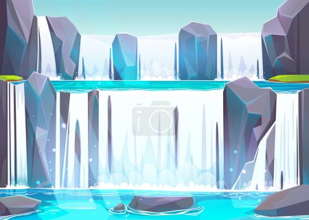 Summer landscape with cascade waterfall on rocks. River, brook or stream falls off stones with splash and spray. Natural scene of water torrent and green grass, vector cartoon illustration