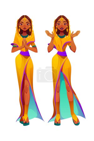Illustration for Indian woman in sari with namaste gesture. Happy girl in traditional dress from India. Portrait of greeting and excited beautiful lady in saree, vector cartoon illustration - Royalty Free Image