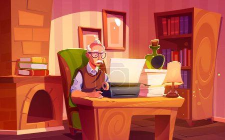 Senior writer work in cabinet on typewriter sitting on vintage armchair at wooden table with bourbon bottle, stack of papers and lamp. Man author character create book, Cartoon vector illustration