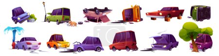 Road accident isolated set, broken cars lying on roof and door, bump into tree and water hydrant, automobiles in insurance situation, accidental damage, crashed vehicles, Cartoon vector illustration