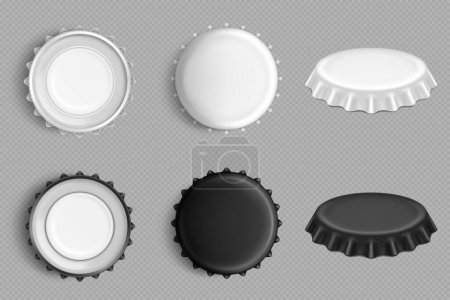 Illustration for Metal caps for bottles of beer, soda, cola or juice. Black and white blank aluminum lids, bottlecaps in top, side and inside view, vector realistic set isolated on transparent background - Royalty Free Image