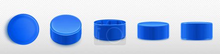 Illustration for Blue plastic bottle caps png set isolated on transparent background. Realistic 3D illustration of screw lids top, side, front, upside down view. Mockup of cover for mineral water, soda, medicines - Royalty Free Image