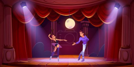 Illustration for Theater stage with ballet dancers couple and backdrop of night landscape. Ballerina in tutu dance with man on wooden scene with red curtains, columns and spotlights, vector cartoon illustration - Royalty Free Image