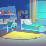 Child bedroom interior at night. Contemporary vector illustration of boys room with bed, desk, chair, wardrobe, toys on shelf, carpet on floor, pictures on wall illuminated by moonlight through window