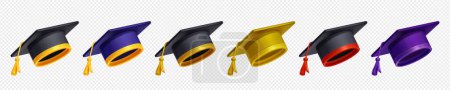 Illustration for Set of graduation caps in different colors png on transparent background. Vector illustration of academic tassel hats for students graduating from college, high school or university. Education symbol - Royalty Free Image