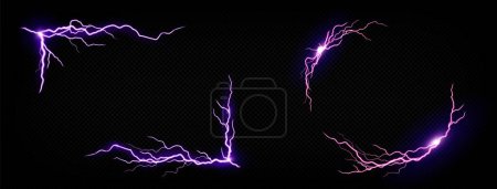 Illustration for Lightning frames, electric purple thunderbolt rectangular and round borders. Energy strike photo frames, powerful discharge dazzle isolated on black background. Realistic 3d vector illustration - Royalty Free Image
