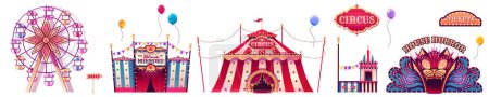 Carnival fair, amusement park with circus tent, ferris wheel, house of horror and hall of mirrors. Funfair tents and attractions, ticket booth, signs and balloons, vector cartoon set