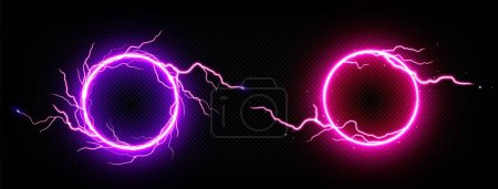 Illustration for Round frames of electric lightning with sparks and neon glow. Pink and purple sparking discharge in circle shape. Empty banner template with abstract thunder bolt border, vector realistic set - Royalty Free Image