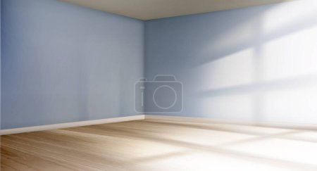 Illustration for Empty room corner with light and shadows from window on blue walls and wooden floor. Mockup interior of living room, studio, apartment or office, vector realistic illustration in perspective view - Royalty Free Image