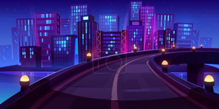 Illustration for Night city skyline view from bridge, road with glow street lamps, railings and metropolis cityscape with neon glowing skyscraper buildings, urban architecture. House towers Cartoon vector illustration - Royalty Free Image