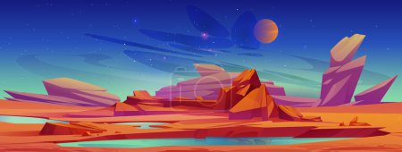 Téléchargez les illustrations : Mars surface, exotique planète paysage avec étang d'eau, les roches et les étoiles brillent sur le ciel nocturne sombre. Jeu de dessin animé fond lac avec désert rouge. Fond extraterrestre martien, Illustration vectorielle - en licence libre de droit