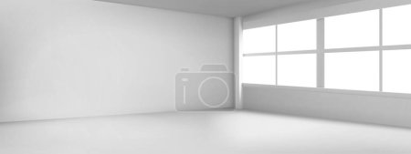 Illustration for Empty room with large windows. Modern building interior with white walls, floor, ceiling and glass windows. Living room, office or studio corner, vector realistic illustration in perspective view - Royalty Free Image