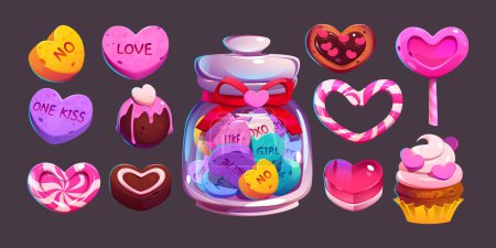 Ilustración de Dulces de San Valentín y postres de pastelería. Conversación amor caramelo con mensajes románticos, cupcake, corazones piruleta y galletas, comida de azúcar festiva, ilustración vector de dibujos animados, conjunto de iconos aislados - Imagen libre de derechos