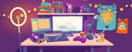 Workplace of game streamer or blogger. Room interior with computer on table, microphone, led ring lamp on tripod, headphones. Home studio of stream video in social networks Cartoon vector illustration