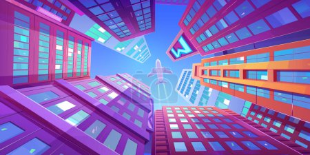 Airplane flying over skyscrapers low angle view against blue sky reflects in glass windows of city towers. Plane above high buildings upwards, highrise urban architecture, Cartoon vector illustration
