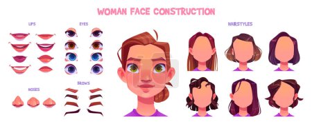 Frauen stehen vor Baustellen. Avatar-Generator mit verschiedenen weiblichen Frisuren, blauen, braunen und grünen Augen, Nasen, Brauen und Lippen in verschiedenen Formen, Vektor-Cartoon-Set isoliert auf weißem Hintergrund