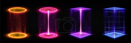 Illustration for Set of futuristic neon portals on transparent background. Realistic vector illustration of round square holographic gate glowing in yellow, red, purple, blue. Virtual reality, cyber space podiums - Royalty Free Image