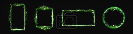 Ilustración de Marcos de rayos eléctricos. Rectángulo, bordes cuadrados y circulares con rayo verde y neón brillante aislado sobre fondo negro, vector realista conjunto - Imagen libre de derechos