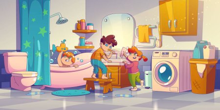 Kids at home bathroom, little children washing in tub with soap bubbles and toys, brushing teeth, doing hygiene procedures, family characters daily routine before sleeping, Cartoon vector illustration