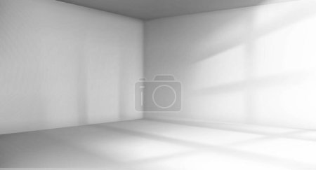 Ilustración de Esquina de la habitación con la luz del sol sombra de la ventana. Interior vacío con paredes blancas, suelo y techo. Hall, apartamento 3d fondo con la luz del sol vista de la perspectiva de sombra, ilustración realista vector 3d - Imagen libre de derechos