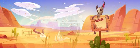Amerikanische Wüstenlandschaft mit Fahndungsplakat und Bullenschädel auf Pfahl. Wild-West-Wüstenpanorama mit Sand, Kakteen, Bergen, Ochsenknochen und Holzschild, Vektor-Cartoon-Illustration