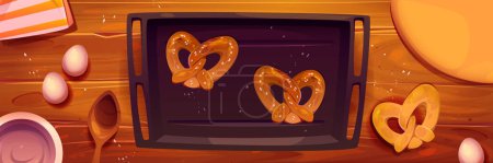 Mesa de cocina vista superior con pretzels en bandeja para hornear. Vector ilustración de dibujos animados de masa, galletas frescas, huevos, cuchara de madera. Proceso de cocción de galletas. La receta tradicional familiar del postre de fiesta
