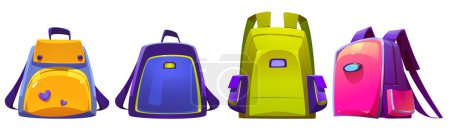 Illustration for Kids school bags, backpacks or rucksacks with straps. Orange, blue, green and pink colored knapsack for boy or girl front and angle view. Student schoolbag isolated on white background, Vector set - Royalty Free Image