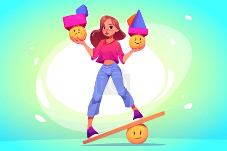 Young girl balancing on wooden board with happy and sad emotion balls in hands. Woman with bipolar disease, mood and feelings change, human psychology, mental health, expression, Cartoon illustration