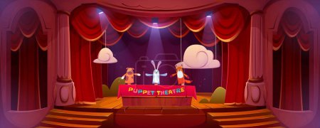 Puppentheater auf der Bühne, lustige Puppen führen eine Kindershow mit roten Vorhängen, Treppen und Beleuchtung auf. Handspielzeug Hund, Hase und Fuchs Theaterstück, Zeichentrickvektorillustration