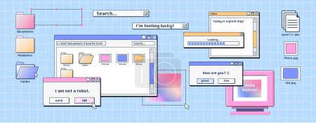 Illustration for Personal computer screen with old software windows open on desktop. Vector illustration of folder, file, document thumbnails, loading progress bar and pop-up notifications. Retro user interface design - Royalty Free Image