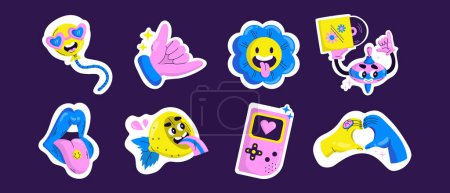 Illustration for Cute retro style stickers set isolated on background. Contemporary vector illustration of crazy colorful balloon, flower and lemon characters, heart and shaka hand gestures, tongue and lip patches - Royalty Free Image