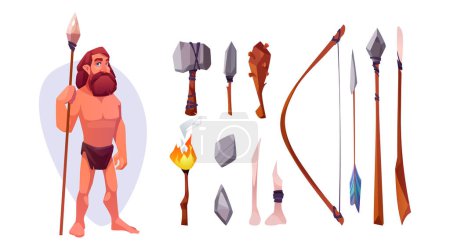 Illustration for Caveman with weapon set isolated on white background. Cartoon vector illustration of stone age male with primitive wooden tools, axe, hammer, club, axe, spear. Ancient game character design kit - Royalty Free Image