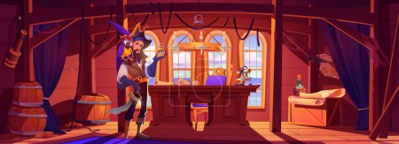 Peg-legged pirate with parrot standing in ship cabin. Vector illustration of cartoon one-eyed corsair character with golden watch in hand, pet bird on shoulder, saber on waist, treasure maps on table