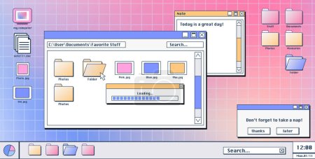 Computer screen with 90s retro software windows open on desktop. Vector illustration of folder, file, document, loading progress bar icons and pop-up notifications. Vaporwave user interface design