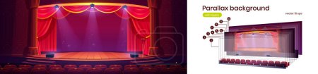Ilustración de Sala de teatro con escenario de madera, cortinas rojas, sillas de auditorio, focos y columnas. Interior de escena de teatro vacío, vector de dibujos animados paralaje fondo listo para la animación 2d - Imagen libre de derechos
