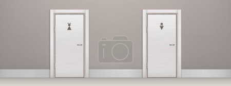 Ilustración de WC público, wc entradas de visitantes masculinos y femeninos en el pasillo. Dos puertas blancas con asas de metal y pictograma negro para hombre o mujer. Oficina concepto de género baño, ilustración realista vector 3d - Imagen libre de derechos