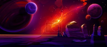Ilustración de El espacio, el paisaje de planetas alienígenas, el fondo cósmico con rocas, y las estrellas brillan en el universo profundo con nebulosa de brillo rojo. Extraterrestre juego telón de fondo con efecto paralaje, Dibujos animados vector ilustración - Imagen libre de derechos