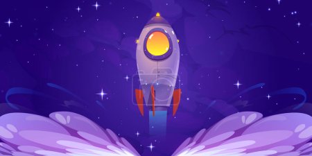 Rocket launch. Futuristic spaceship flying up from planet with smoke clouds on background of night sky with stars. Fantasy cosmos poster with space ship, vector cartoon illustration